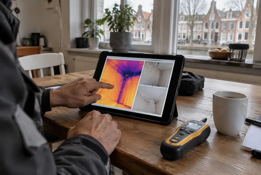 Lekdetectie Emmeloord – lekdetectierapport met warmtebeelden en foto's op een tablet