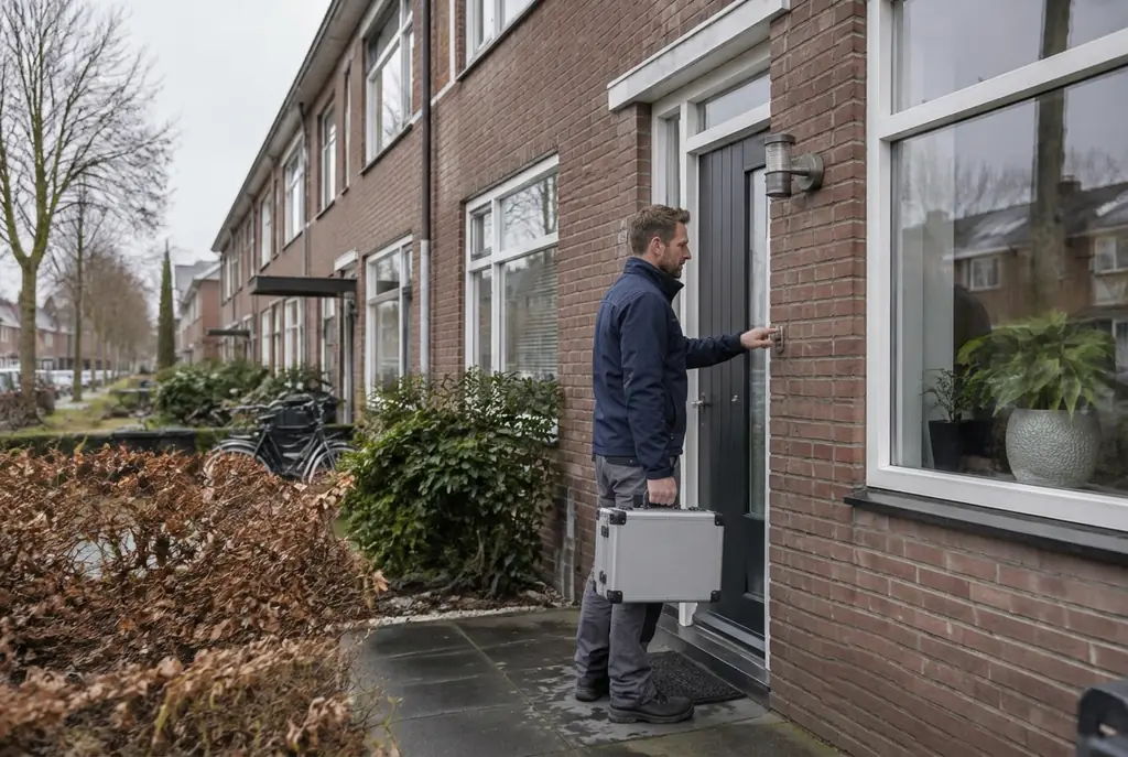 Lekdetectiespecialist met meetkoffer bij de voordeur van een woning in Emmeloord
